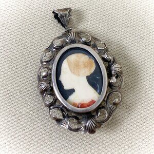 Antique Late 19th Century Medieval Style Hand Painted Woman Cameo in 800 Silver
